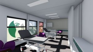 Image shows a typical treatment room layout with furniture and storage, materials and colours