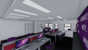 Images of open plan office area illustrating layout, colours and lighting