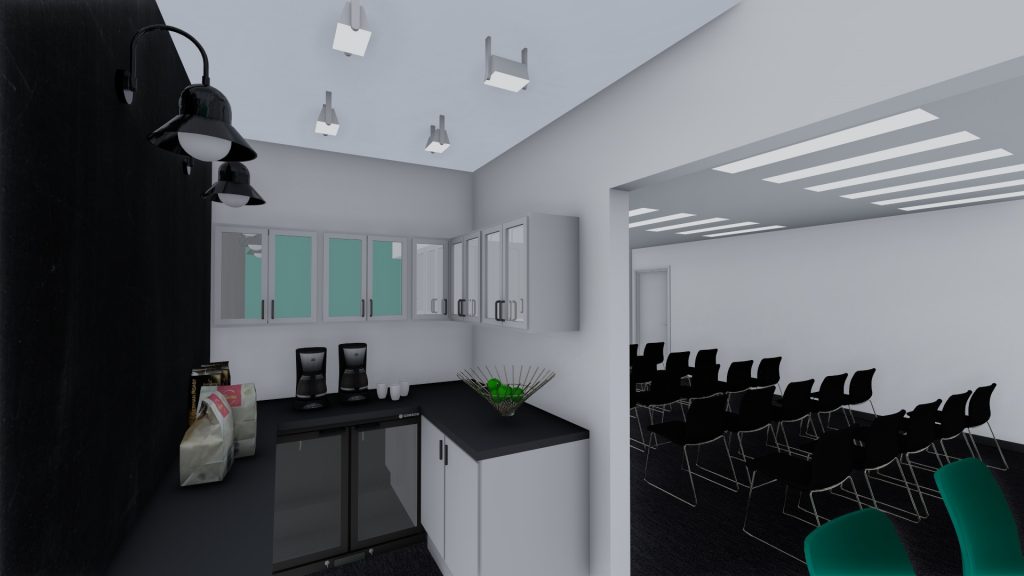Image shows a 3D visualization of the tea point and refreshment area to a seminar and conference room.