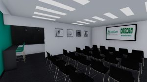 Images shows a 3d visualization of an office presentation and conference room with a tea point and refreshment station