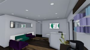 Image shows the reception desk and waiting area with facilities for tea and coffee
