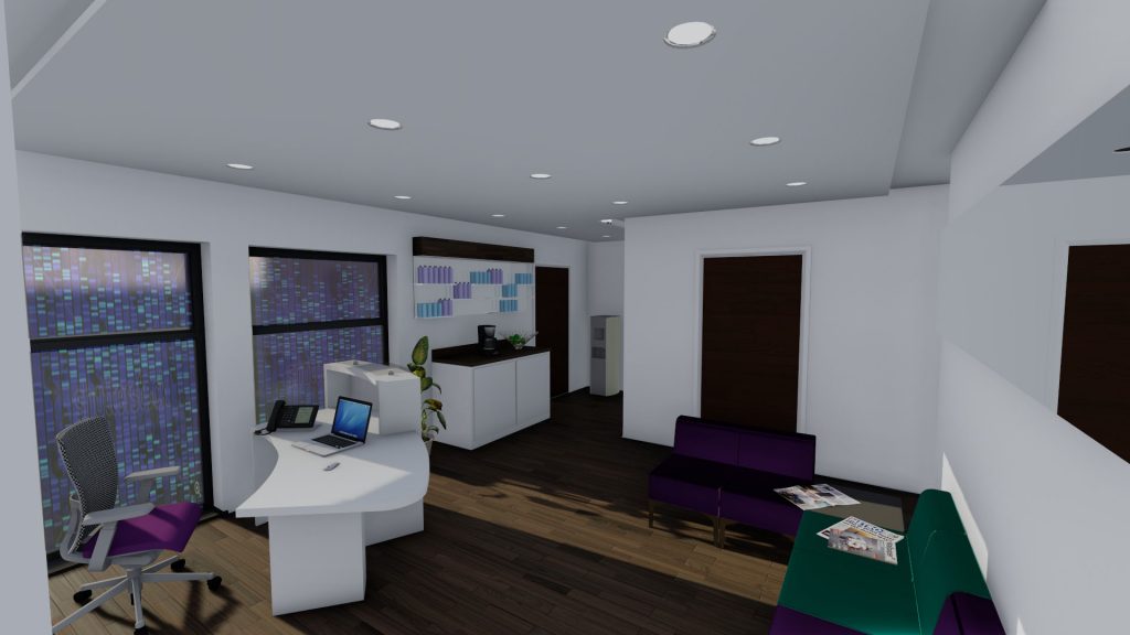 Image shows the reception desk and waiting area with facilities for tea and coffee.