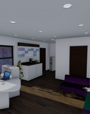 Image shows the reception desk and waiting area with facilities for tea and coffee.