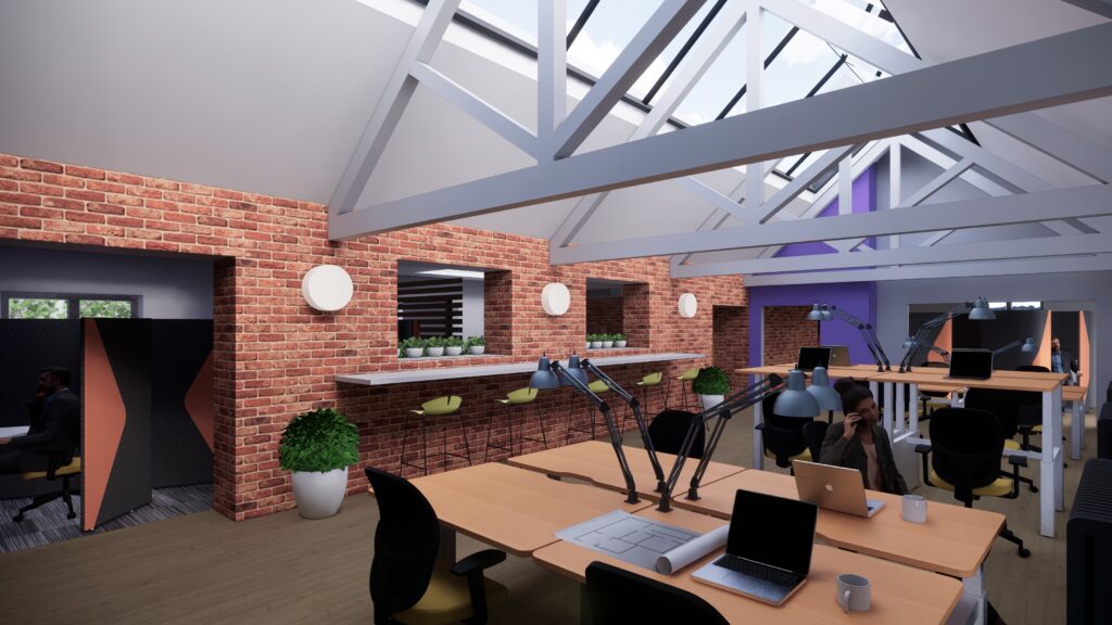 Open plan studio office layout with skylight